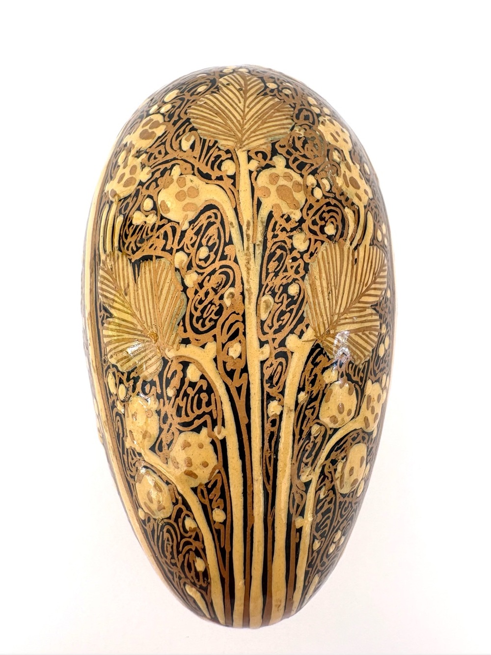 Vintage Hand Painted Kashmir Wooden Egg Black and Yellow with Gold Accents